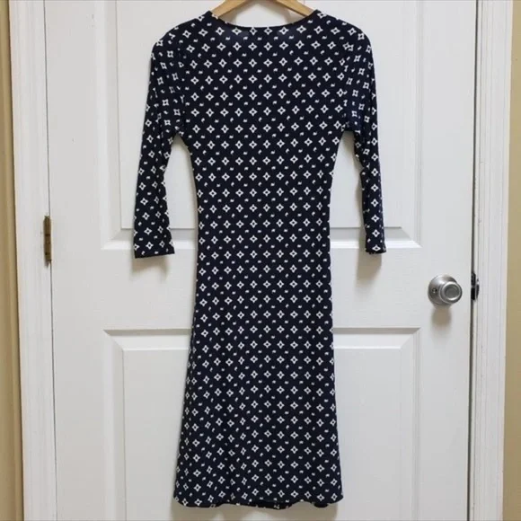 LAUREN RALPH LAUREN S Navy White Jersey Knit Ruched Faux Wrap Dress - Picture 2 of 7